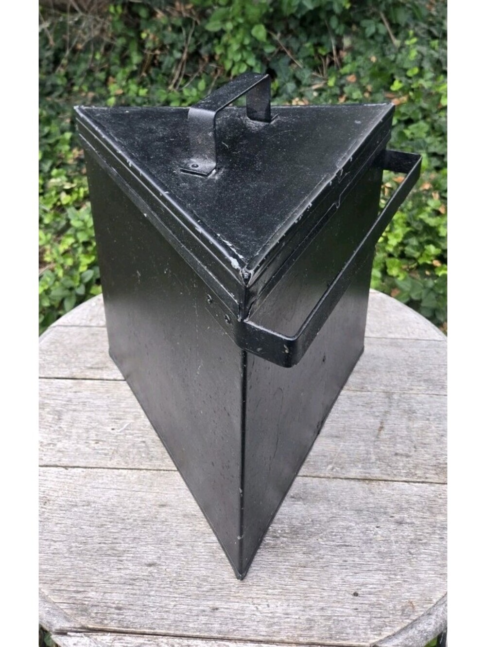 Black Trash Can Metal Aluminum Triangular With Lid & Handle 13" Tall By 12" Wide